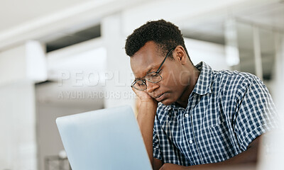 Buy stock photo Burnout, depression and black man at work laptop with deadline, email and report at engineer workplace. Fatigue, tired and thinking engineering employee unhappy working at office with problem.