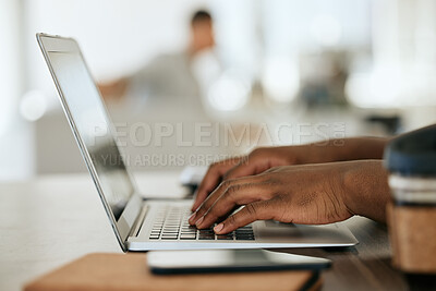 Buy stock photo Hands typing, working and computer planning of a black woman in a coffee shop with digital work. Web development, woman and tech programmer coding a website design doing remote work in a restaurant 