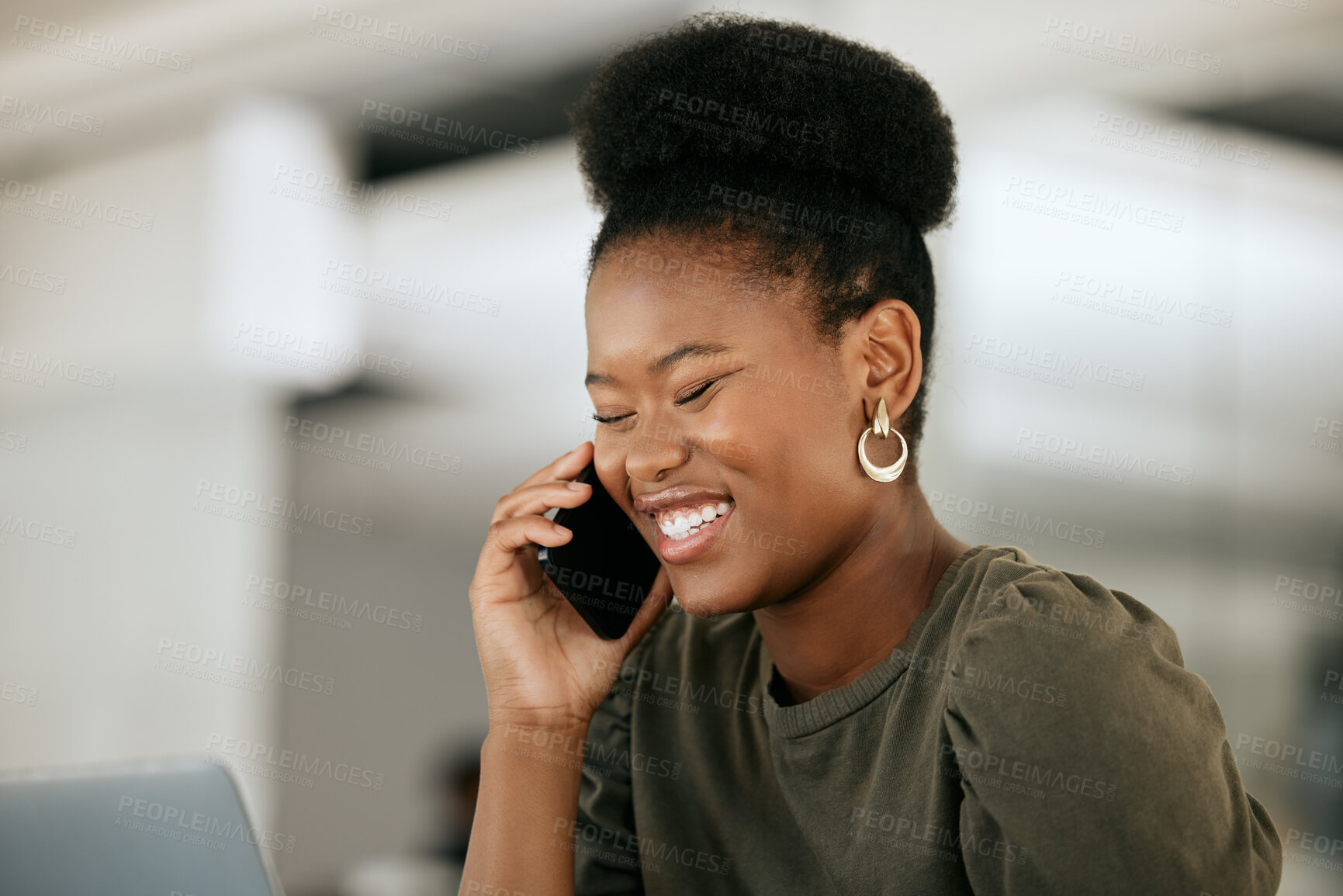 Buy stock photo Smartphone, communication and business black woman or Human Resources manager talking for about us, faq and company information. Tech, cellphone and happy african payroll hr for staff management chat