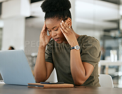 Buy stock photo Stress, headache and black woman with laptop in office tired, exhausted and worry from overworked job. Burnout, mental health and frustrated female employee in pain, stressed from working on computer