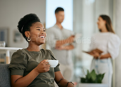 Buy stock photo Coffee, happy and black woman with a smile at work, relax and thinking of business in a coworking office. Idea, happiness and African employee laughing at a memory with a tea drink and bokeh
