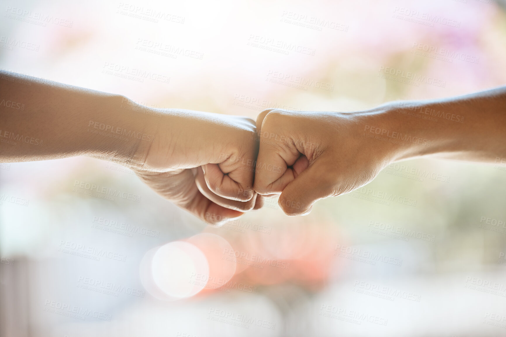 Buy stock photo Teamwork, fist bump and motivation, collaboration and success for goals, trust and support. Closeup friends, greeting hands and team building, commitment and winner, solidarity and fighting racism 