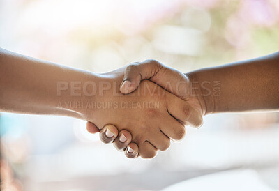 Buy stock photo Support, trust and closeup of handshake for teamwork, partnership and collaboration of business people. Diversity,  b2b communication and shaking hands for thank you, well done and congratulations