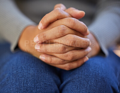 Buy stock photo Woman, hands together and nervous depression, anxiety and mental health in psychology counselling therapy or praying to god. Zoom, prayer fingers and person with stress in counseling help and worship