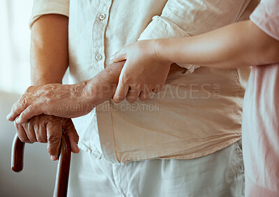Buy stock photo Support, disability and caregiver with senior patient helping him walk in retirement hands zoom and walking stick. Physical therapy, nurse medical professional help elderly or old man in nursing home