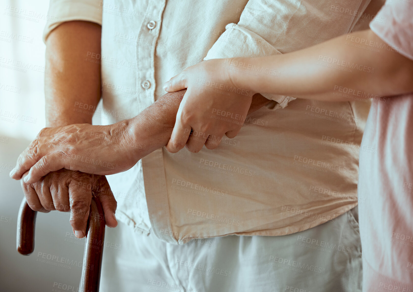 Buy stock photo Support, disability and caregiver with senior patient helping him walk in retirement hands zoom and walking stick. Physical therapy, nurse medical professional help elderly or old man in nursing home