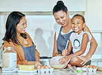 Cooking, kitchen and grandmother teaching child with flour, butter and egg grocery product for breakfast, dessert or food together. Elderly woman, mom and girl kid baking pancakes in a home portrait