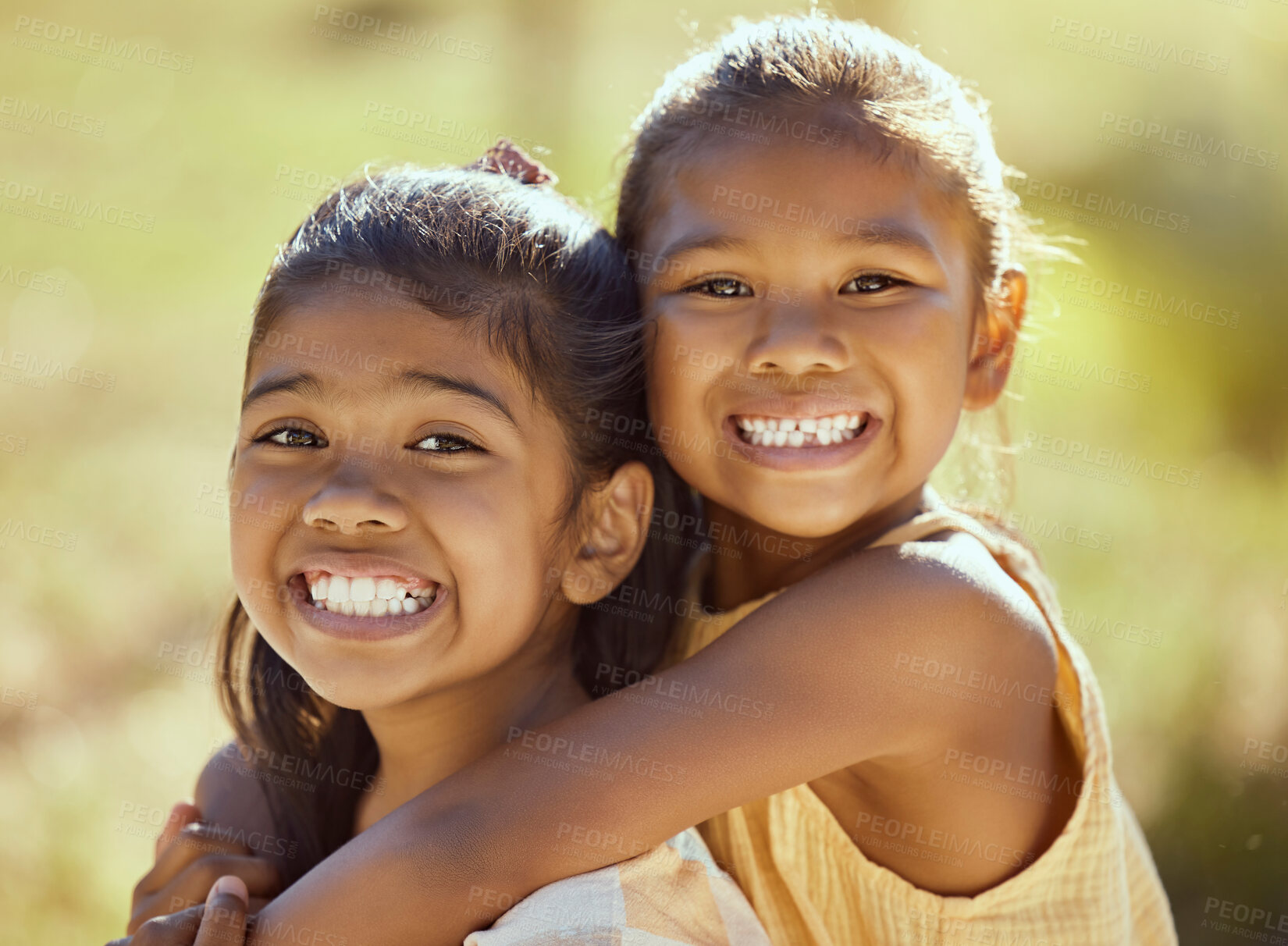 Buy stock photo Love, kids and girls hug in nature outdoors while siblings happy bonding together. Portrait of children, best friends smile and relax happiness outdoors for healthy peaceful lifestyle on vacation