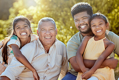 Buy stock photo Family, father with grandfather and children outdoor, happy in the park portrait for bonding and quality time together. Men with kids smile out in nature, happiness in the sun and generations of love
