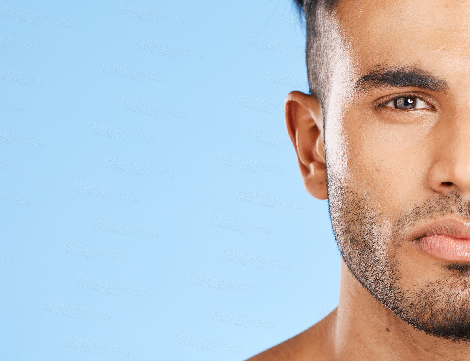 Buy stock photo Health, skincare and portrait of man blue background with mockup, advertising space or product placement. Luxury male body care, clean face closeup and healthy lifestyle mindset in studio background.
