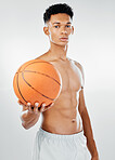 Basketball, sport and black man in fitness portrait, exercise and sports motivation with basketball player in studio background mockup. Active, muscle and strong athlete for workout and training.