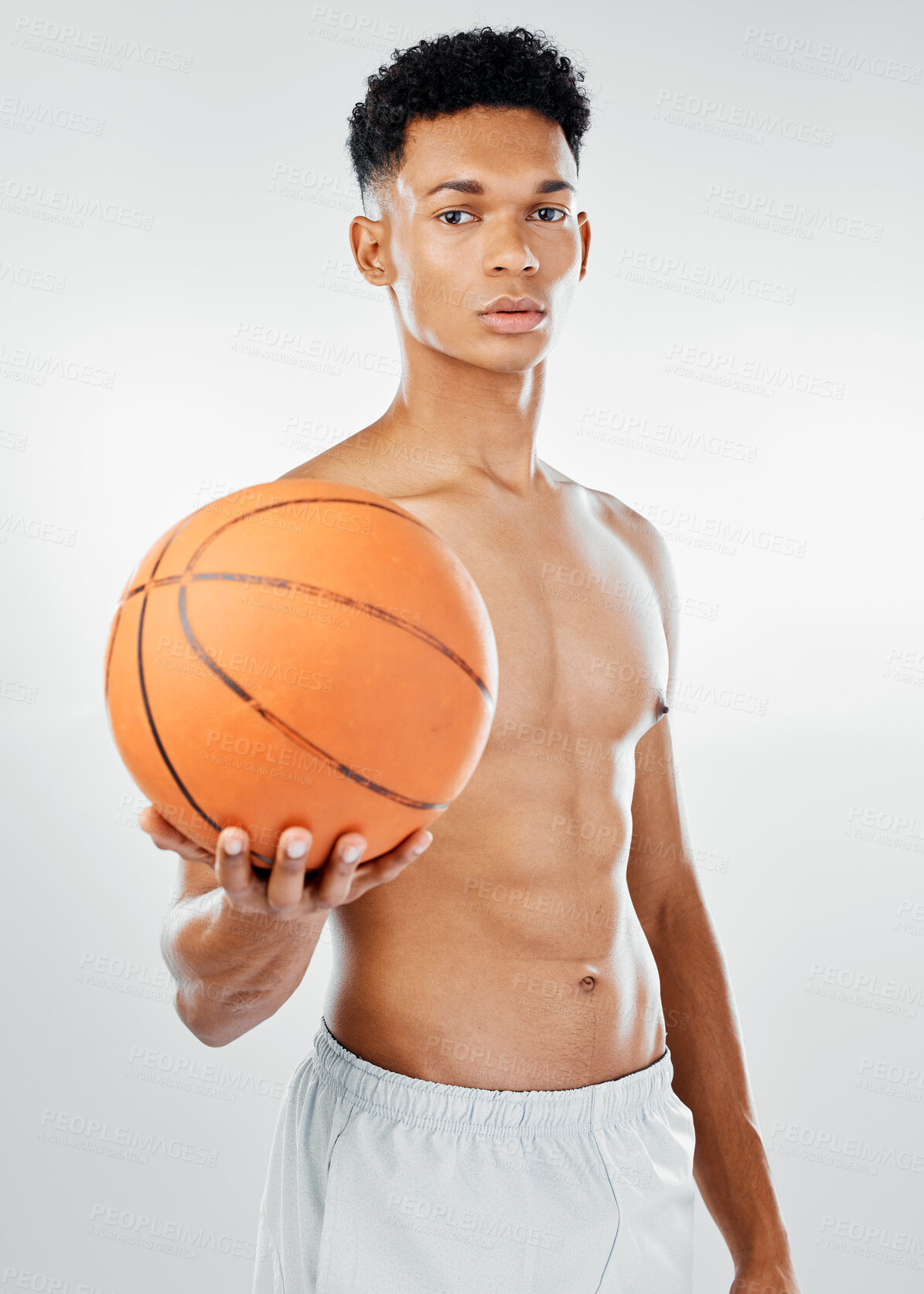 Buy stock photo Basketball, sport and black man in fitness portrait, exercise and sports motivation with basketball player in studio background mockup. Active, muscle and strong athlete for workout and training.