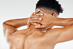 Neck pain, injury and hands of man in studio for spine, bone or muscle tension against a white background mockup. Hand, Neck and bone pain by by male with sports injury, inflammation and tension 