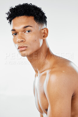 Buy stock photo Black man, beauty portrait and cosmetic skincare for healthy lifestyle motivation. Young African American nude, facial care health and natural black skin wellness therapy in white studio background