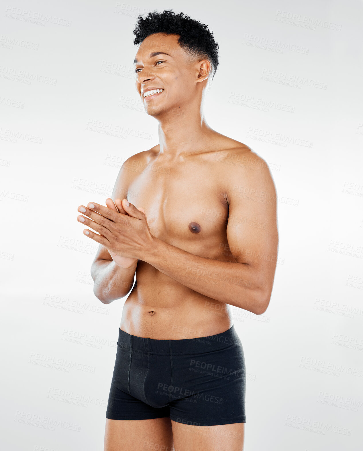 Buy stock photo Fitness, health and wellness with man in a studio for exercise, body care and workout advertising on white background. Healthy, training and black man model proud, smile and happy with body goals