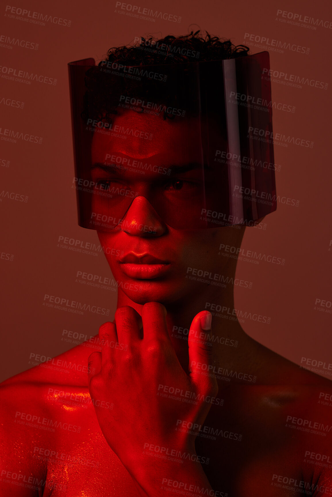 Buy stock photo man, face and red light with futuristic glasses for edgy cyberpunk fashion, modern gen z fantasy and sci fi model for beauty. Young black man, vision thinking or designer neon lighting studio