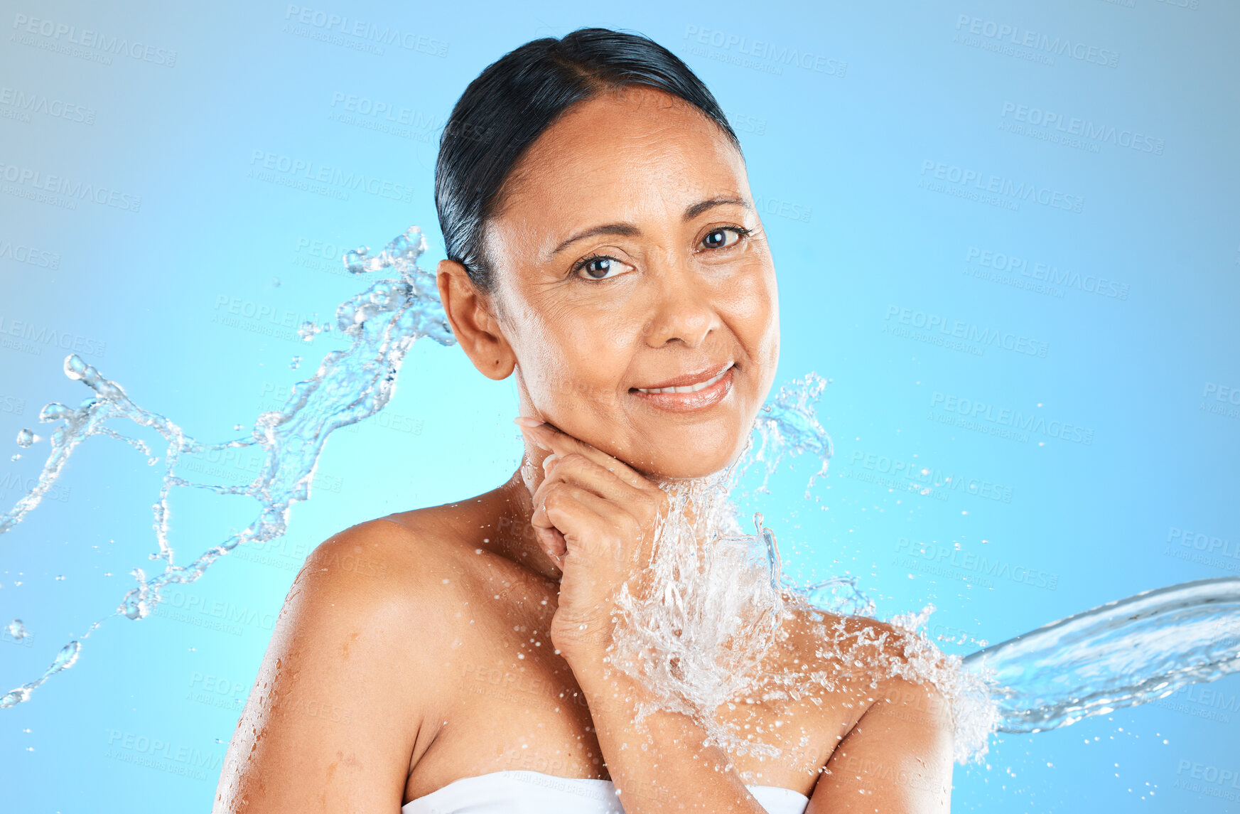 Buy stock photo Beauty, skincare and splash of water with woman for hydration, moisture and shower. Wellness, spa and natural cosmetics with portrait of senior model for clean, luxury and health for anti aging