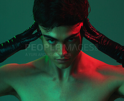 Buy stock photo Art, psychology and gay drag queen man in studio with neon lighting for aesthetic, lgbtq and mental health background. Portrait of male posing alter ego, fashion and creativity for magazine cover