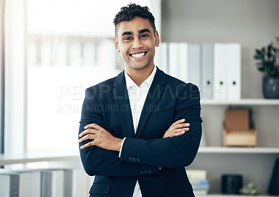 Buy stock photo Office, finance and proud business man in company portrait for job motivation, career goals and leadership with a smile. Corporate manager, boss or executive happy with workplace vision or success