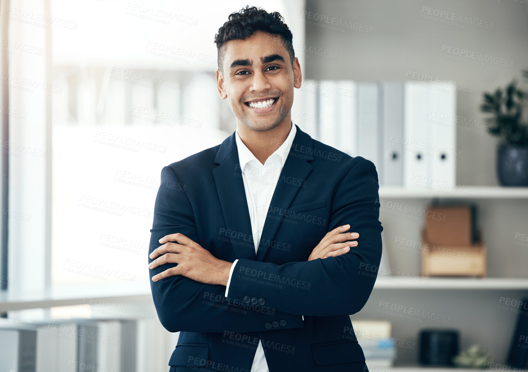 Buy stock photo Office, finance and proud business man in company portrait for job motivation, career goals and leadership with a smile. Corporate manager, boss or executive happy with workplace vision or success