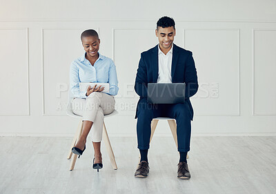 Buy stock photo Recruitment, man and woman with digital device for job interview, startup company and research new business. Applicants in waiting room, internet analysis and planning for latest work data and smile.