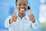 Thumbs up, success and black woman consultant at call center with customer service promotion, achievement or win. Happy, yes and agreement of telemarketing worker excited for career development.