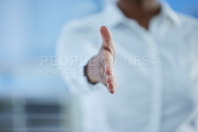 Buy stock photo Business, hands and gesture for handshake, deal or agreement for partnership, b2b or thank you at the office. Corporate employee stretching hand for welcome, greeting or hiring at the workplace