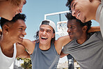 Happy, motivation and team building on a basketball court for a fitness mindset, teamwork and planning a strategy. Smile, support and funny sports men laughing, training or exercise with a mission
