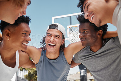Buy stock photo Happy, motivation and team building on a basketball court for a fitness mindset, teamwork and planning a strategy. Smile, support and funny sports men laughing, training or exercise with a mission