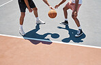 Men, exercise and basketball training, sport and game with basketball player on a court outdoor in summer. Healthy sports people or athlete, workout and fitness people practice for match with ball 