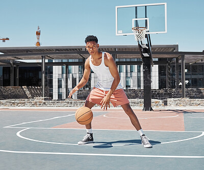 Buy stock photo Basketball, fitness and black man on basketball court, sports portrait and active lifestyle with exercise outdoor. Young basketball player, workout and training, competitive sport and play game.