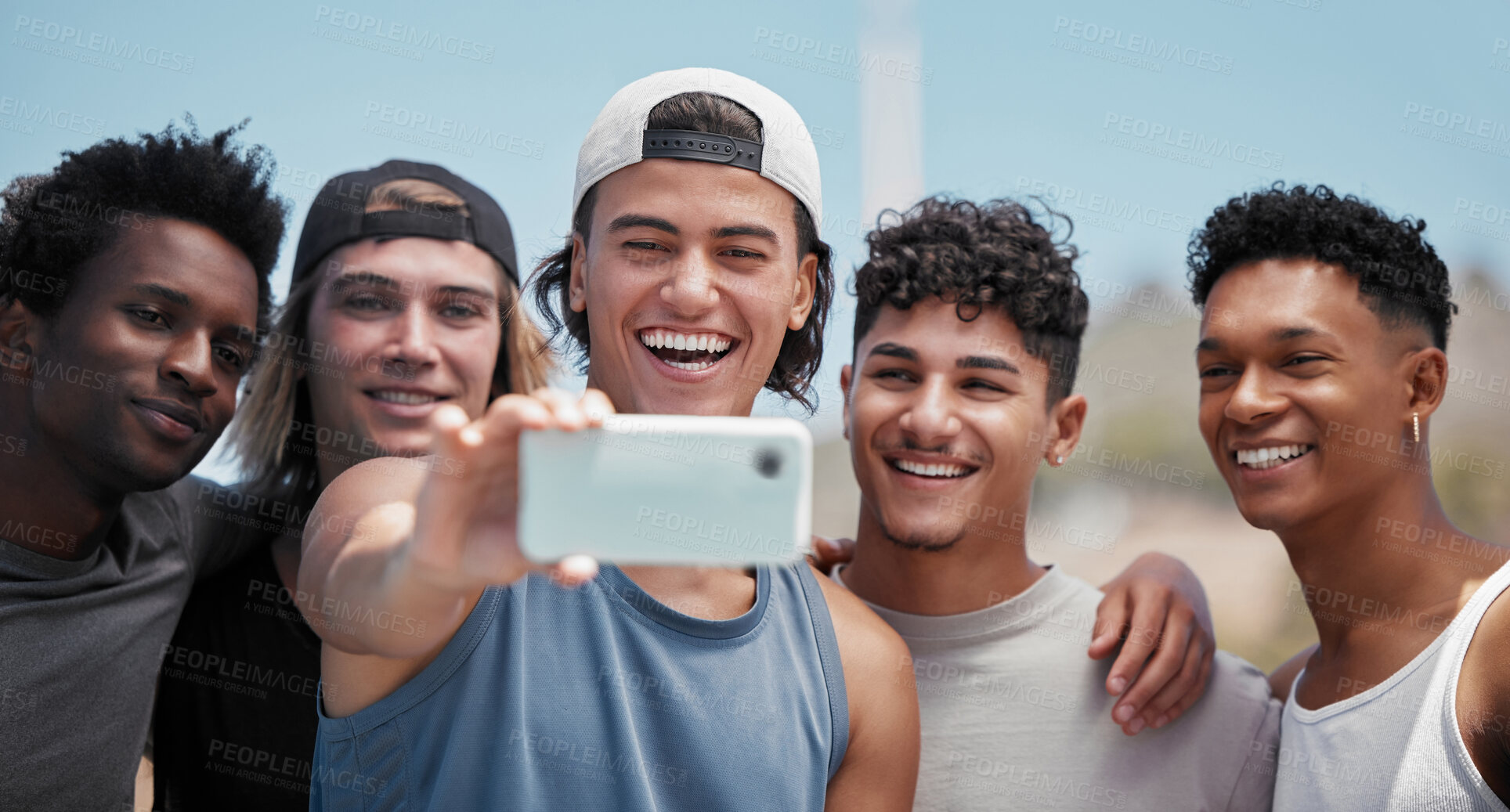 Buy stock photo Team, phone and friends with smile for selfie in fun sport, exercise or training together in the outdoors. Group portrait of athletic men smiling for photo in sports fitness with mobile smartphone