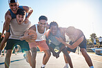 Sport, celebrate and winner of basketball with team and young men for fitness in outdoor portrait, happy with victory. Basketball player, celebration and diversity, success together in sports.