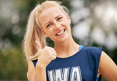 Buy stock photo Thumbs ups, netball and sports woman in portrait for competition success, winning face and outdoor fitness motivation with green park bokeh. Australia athlete girl with like, yes or okay hand sign