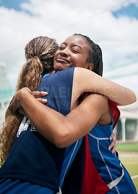 Buy stock photo Sports, hug and women friends with teamwork, support and love for game, competition and training success in a park field. Netball, collaboration and team hugging for celebration, winning or thank you
