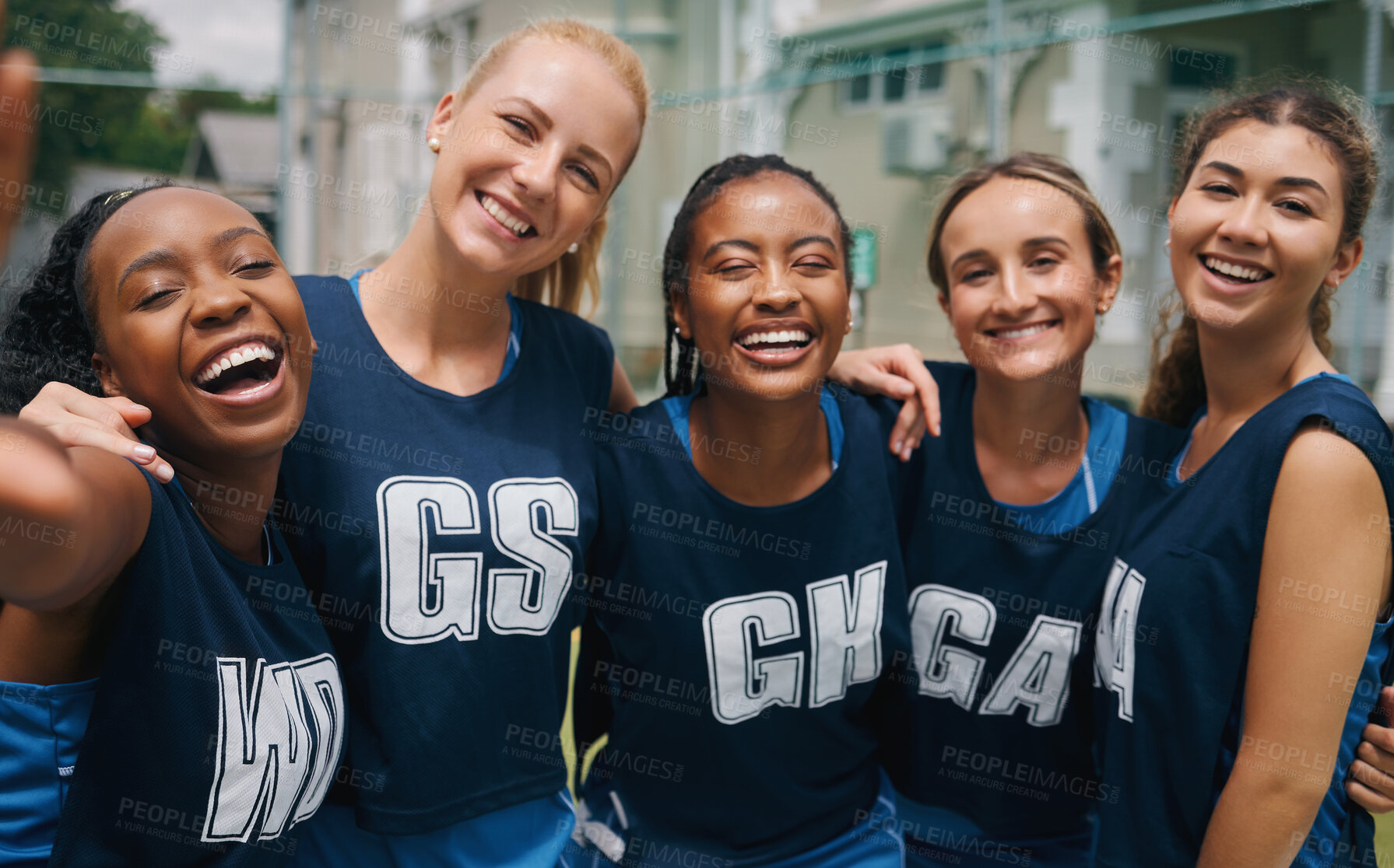 Buy stock photo Netball huddle portrait, girl team smile and together for training workout, happy sport and diversity. Sports happiness woman, solidarity empowerment and happy teamwork girl in athlete group fitness