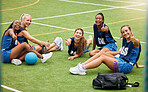 Sport, fitness and girl netball team on field, training and exercise with athlete thumbs up portrait. Young, active and player ready for game, diversity in sports and happy teamwork outdoor.