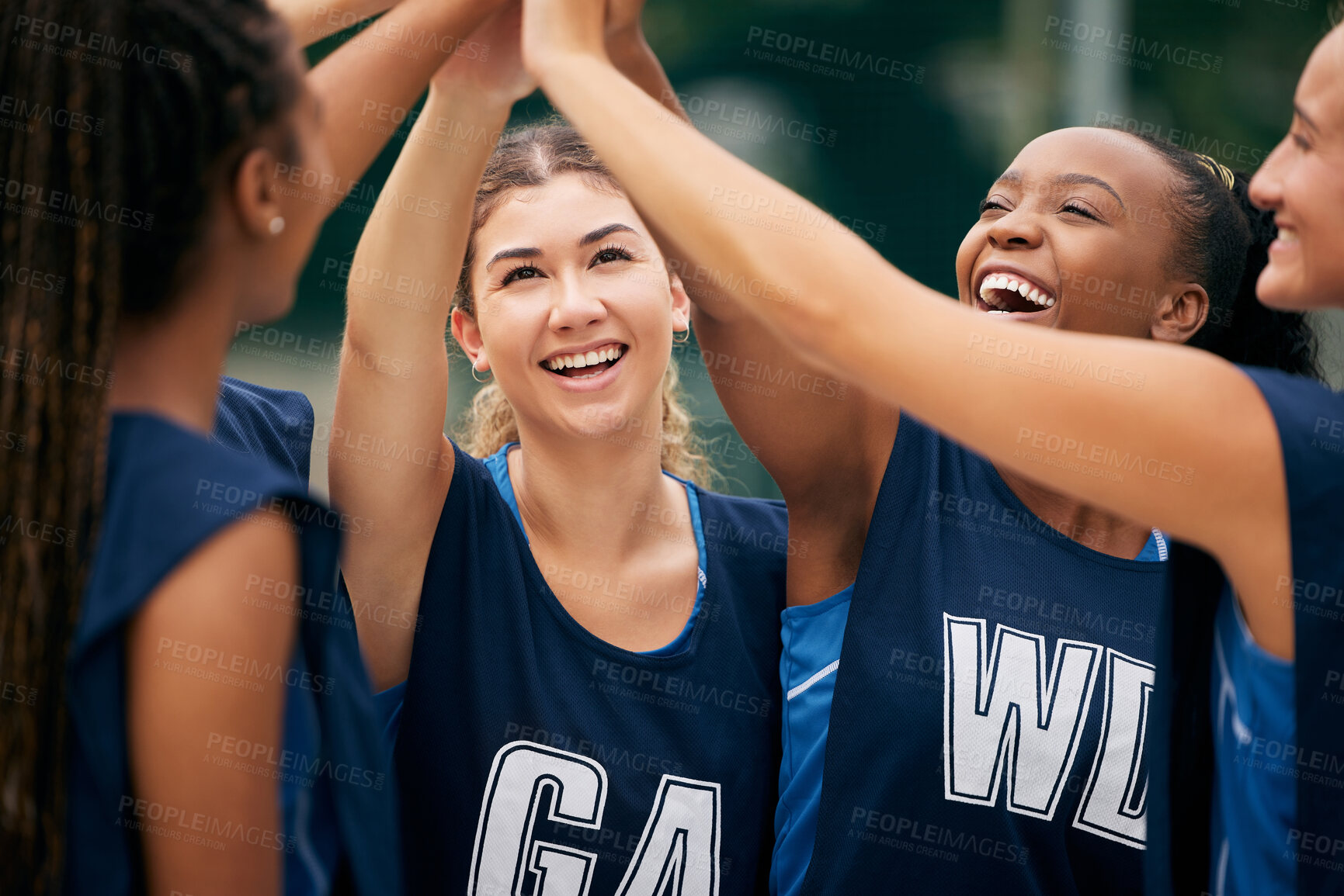 Buy stock photo High five, sports and teamwork women group celebrate game achievement, target goal or competition success together. Netball teenager friends with celebration sign for motivation and support training