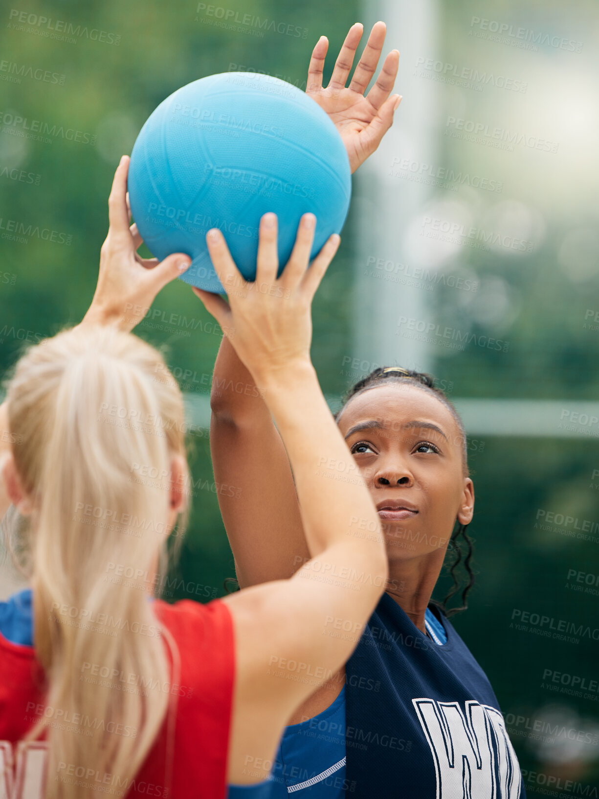 Buy stock photo Sport, athlete and competition, netball and fitness outdoor with young school or college team playing game. Diversity, exercise and training outside, competitive girl in sports and workout.