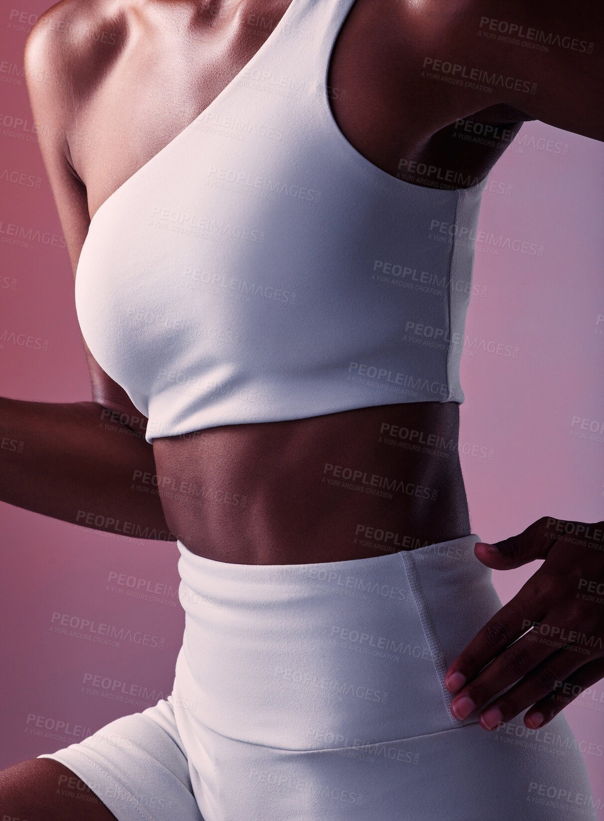 Buy stock photo Woman, runner athlete and abdomen closeup for sportswear advertising or fitness training. Young black sports girl, abs exercise motivation and healthy cardio lifestyle in pink background studio