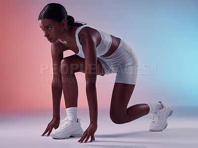 Buy stock photo Sports, runner and black woman gradient studio mock up for exercise start, training motivation and running focus. Fitness, athlete and girl body in workout designer clothes or sneakers color mockup