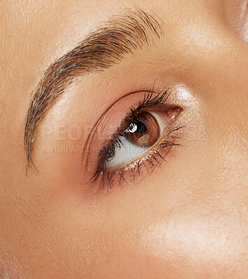 Microblading, eye and model woman face for eyecare, grooming and beauty closeup. Close up of female eyes with healthy skincare, wellness and glowing skin ready for sight test or eyebrow lamination