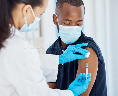 Buy stock photo Covid vaccine, face mask and doctor with patient injection in a hospital or clinic for healthcare safety, compliance and insurance. Trust, care and expert medical woman with corona virus vaccination