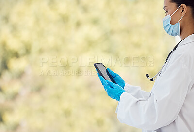 Buy stock photo Covid, telehealth and doctor with phone for healthcare communication, mobile app results or hospital test feedback. Smartphone, innovation tech and medical worker on cellphone for covid 19 news check