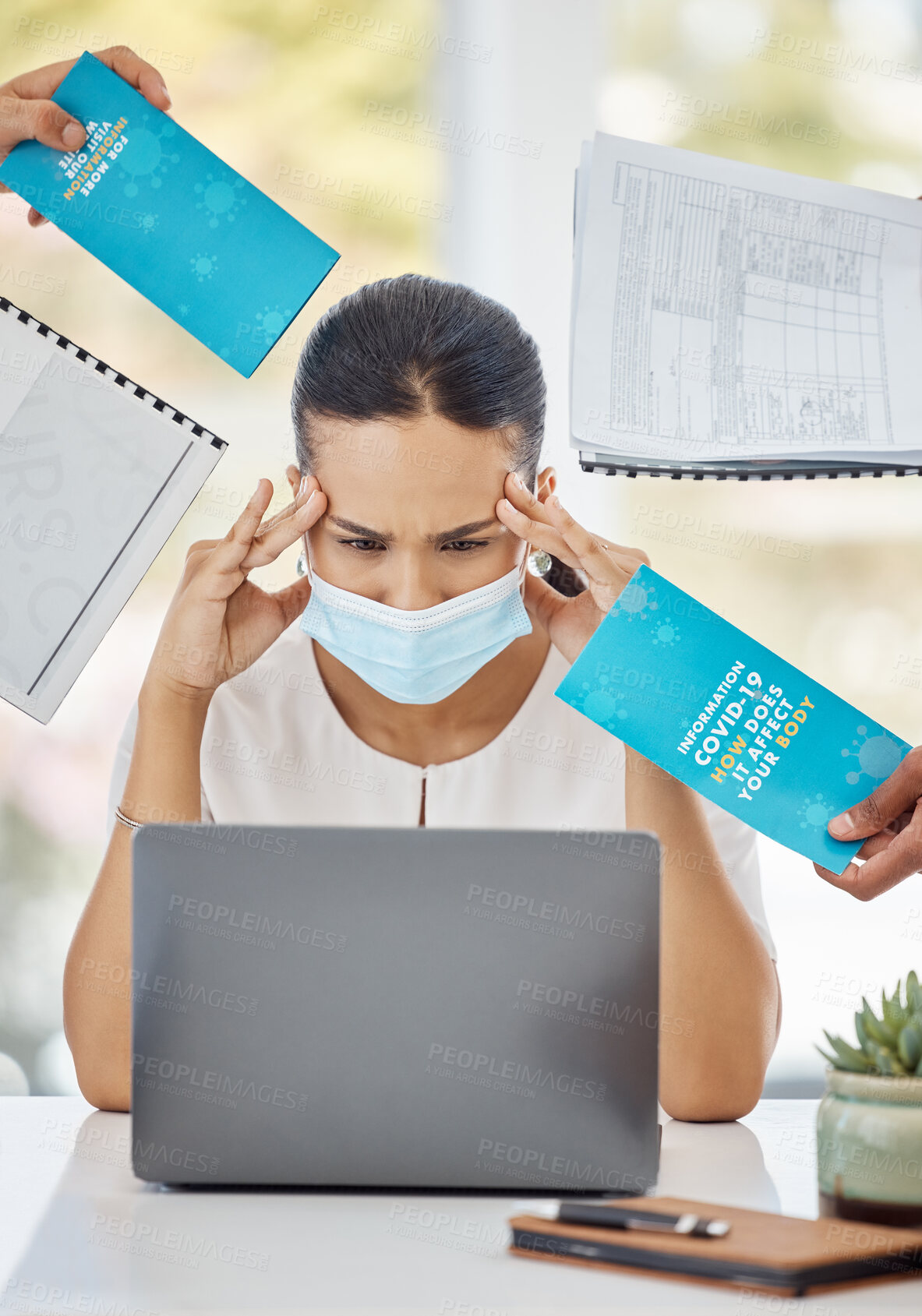 Buy stock photo Covid, tired or stress of woman at laptop overwhelmed with information in business peoples hands. Anxiety, mask and mental health concern of corporate employee with covid 19 fatigue at work.

