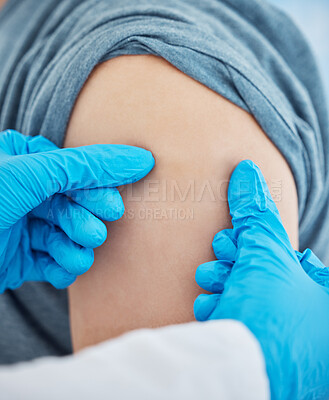 Buy stock photo Touching, medical and hands of a doctor on an arm of a patient before a vaccine at a hospital. Test, healthcare and worker in medicine doing a check, consultation and help with pain in shoulder