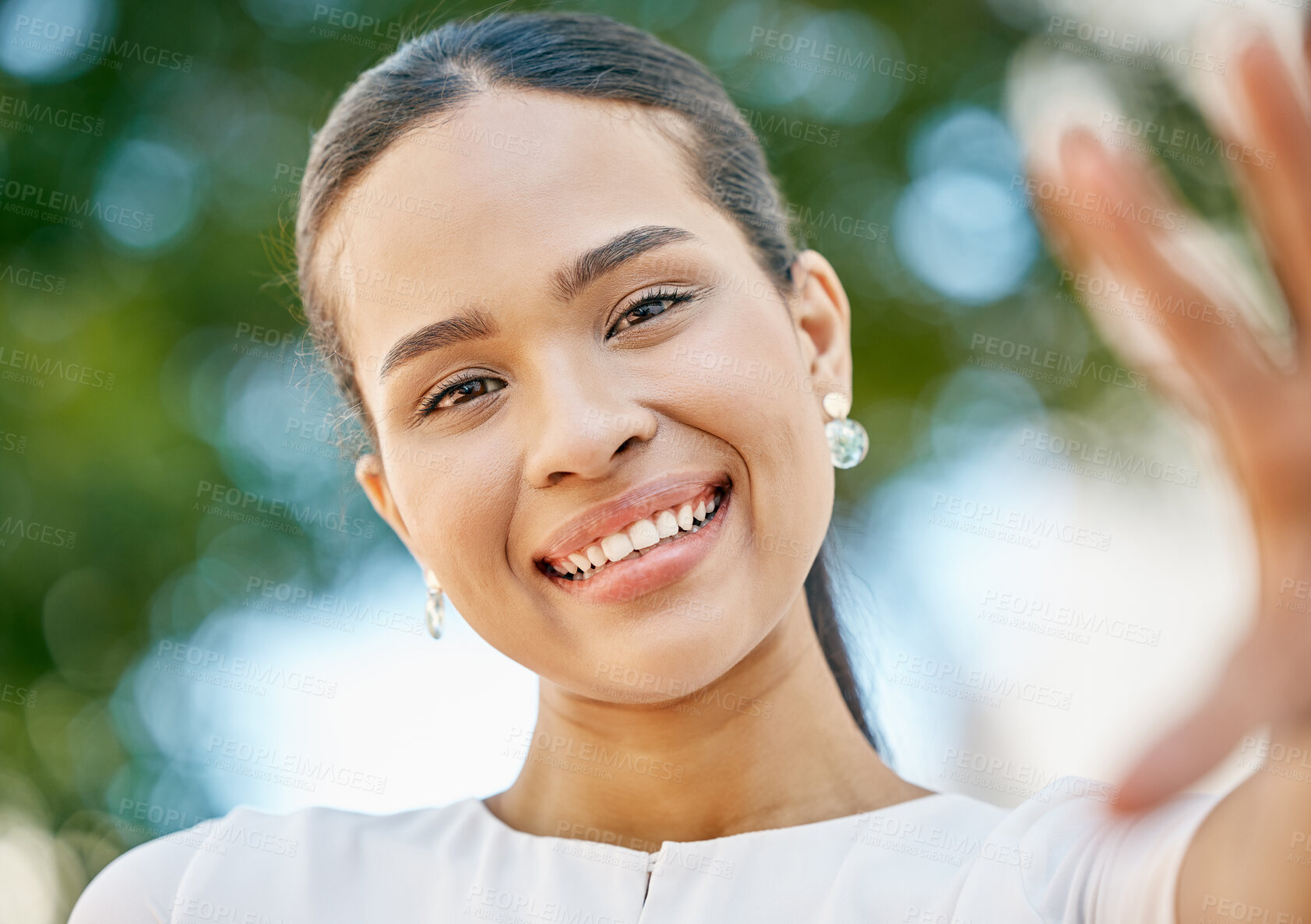 Buy stock photo Portrait, nature and happy woman taking a selfie with a smile on her face outdoors on a holiday in a park for fresh air. Happiness, freedom and healthy girl enjoys taking pictures in summer to relax