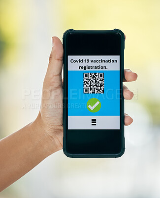 Buy stock photo Hand, vaccination and qr code on app on a phone for registration for travel safety or protection. Covid vaccine, barcode and digital certificate on cellphone for healthcare compliance during pandemic