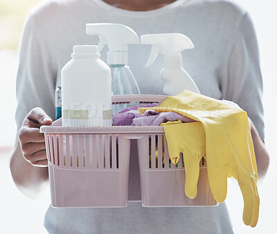 Buy stock photo Cleaning service, product basket and cleaner hands for career working in home, house or office with product bottle and gloves. Housekeeper liquid, detergent and plastic spray for spring cleaning job