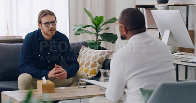 Buy stock photo Man, patient or talking to psychologist on sofa in mental health, depression or anxiety counselling therapy. Psychology, stress or wellness counseling therapy help for person in rehabilitation clinic